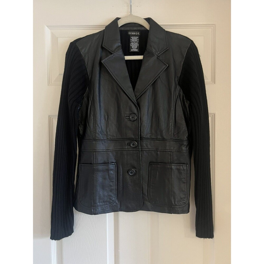 George Black Leather Cardigan Blazer Rib Knit Jacket Y2K Minimalist Gorpcore M